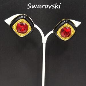 Vintage Swarovski Clip Earrings – Black Enamel & Red Crystal, Gold Plated 1980s